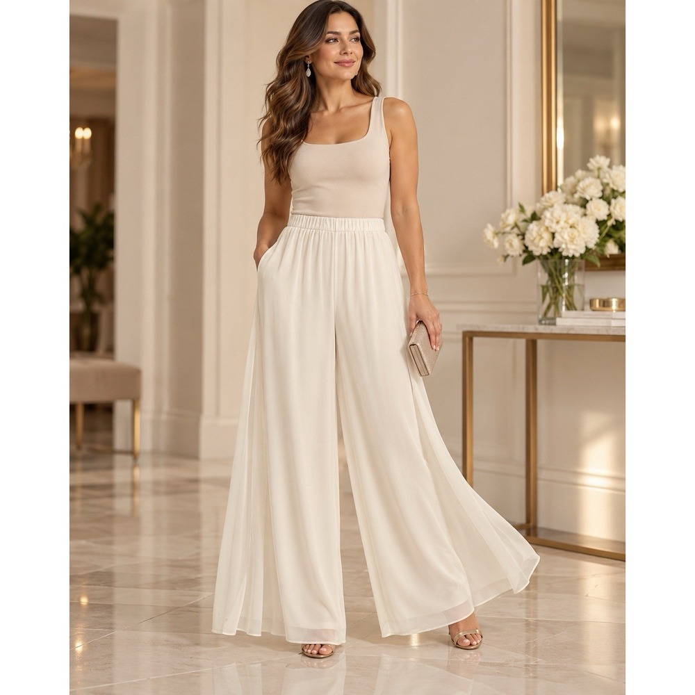 Prelude Wm's L Ivory Chiffon Overlay Palazzo Pants Elastic Waist Wide Leg Dress